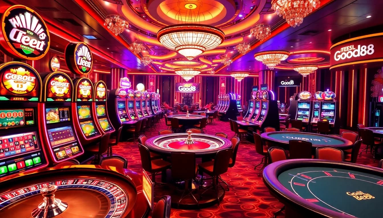 Exciting casino experience with vibrant Good88 branding on slot machines and poker tables.