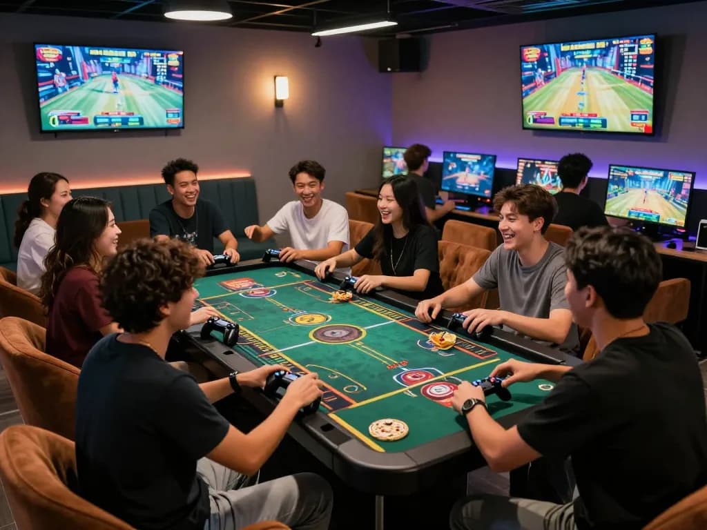 Friends enjoying live casino games at a hit club gaming lounge with vibrant atmosphere.