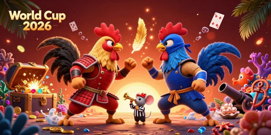 Experience World Cup 2026 through an exciting 3D illustration of roosters in battle, gamified elements, and vibrant visuals.