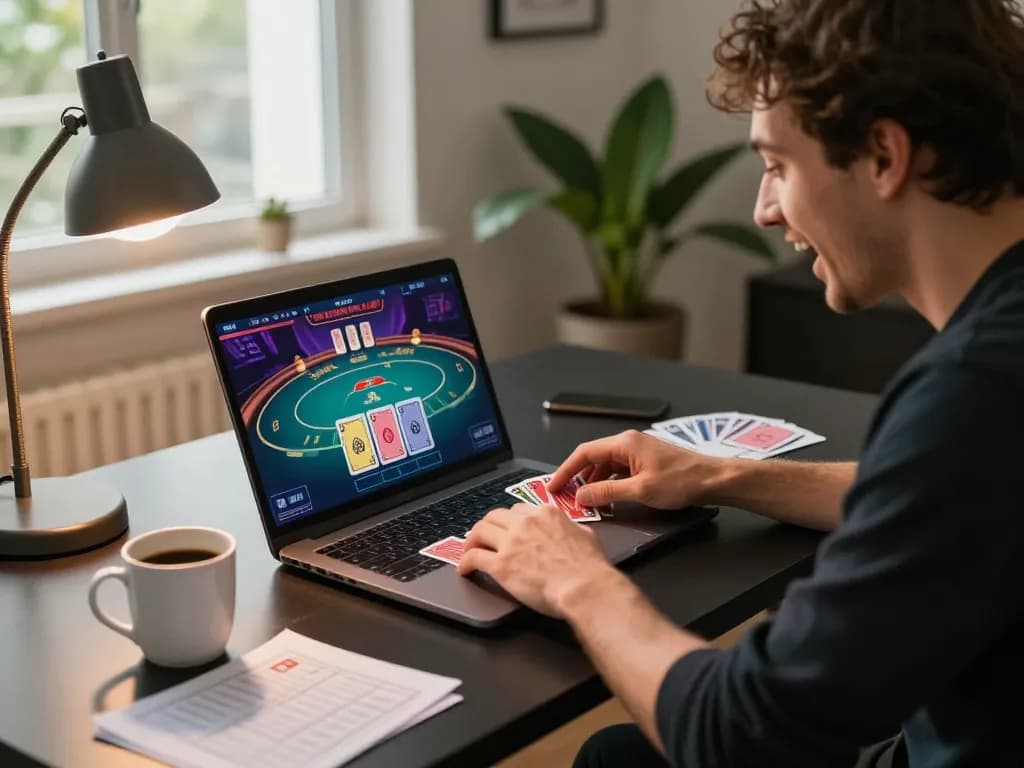 Player engaging with dn88 poker interface on laptop, showcasing a thrilling online gaming session.