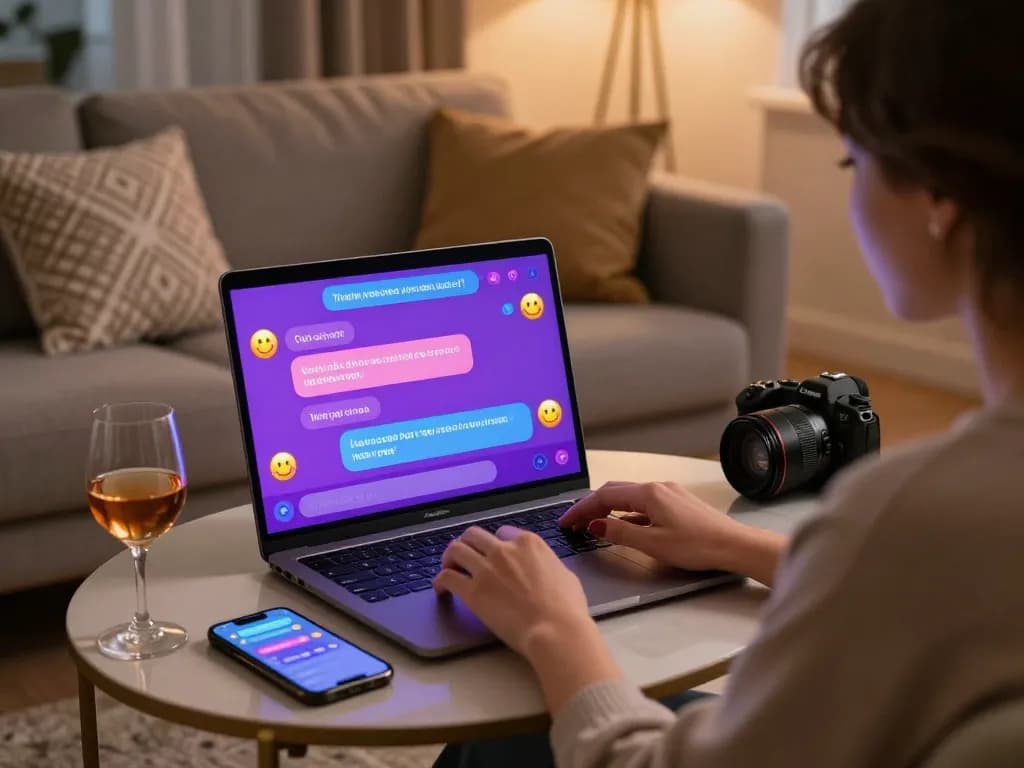 Engaging in AI sex chat on a laptop in a cozy home setting.