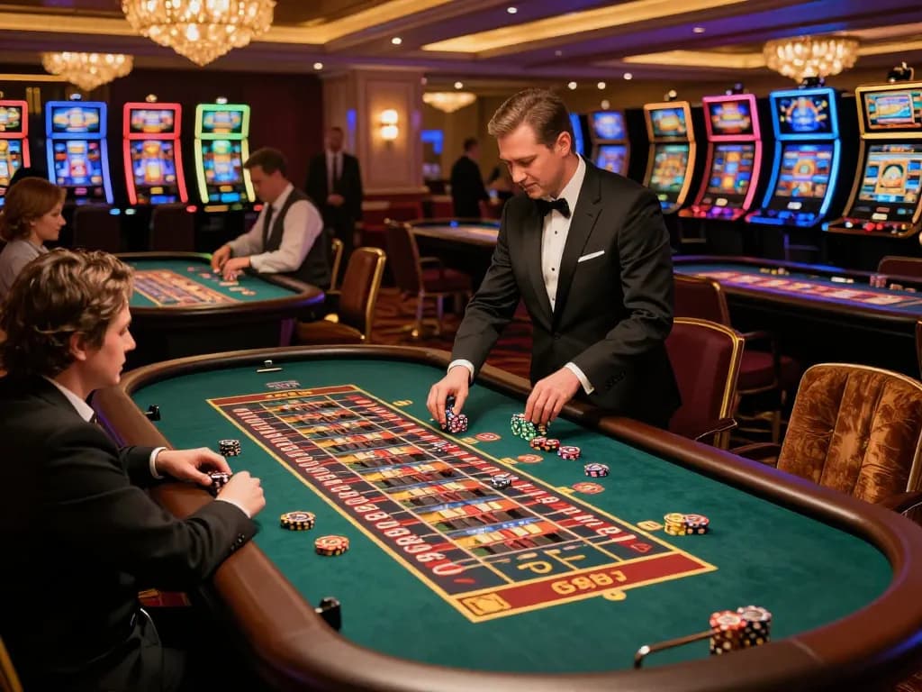 Players engaging in exciting gambling action at SAOBET's luxurious casino floor with roulette tables.