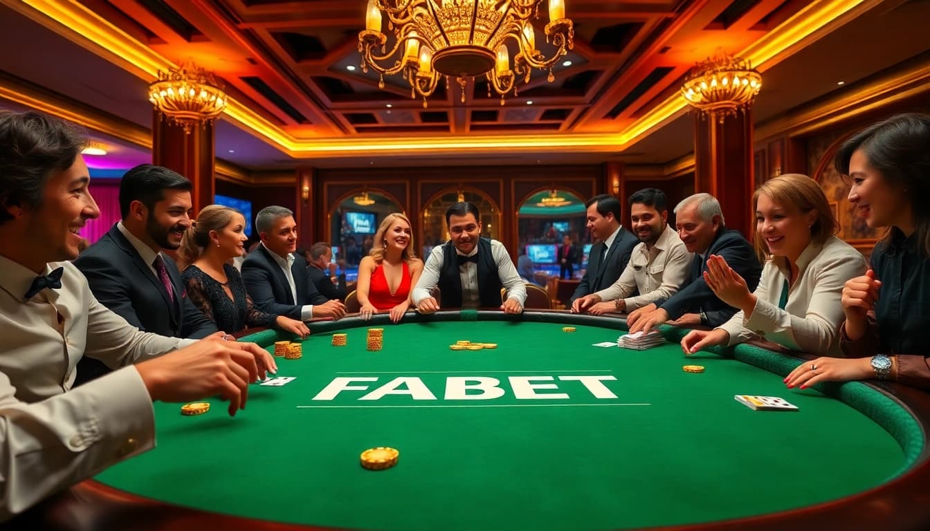 Experience the thrill at FABET's vibrant poker tables with professional dealers and eager players.