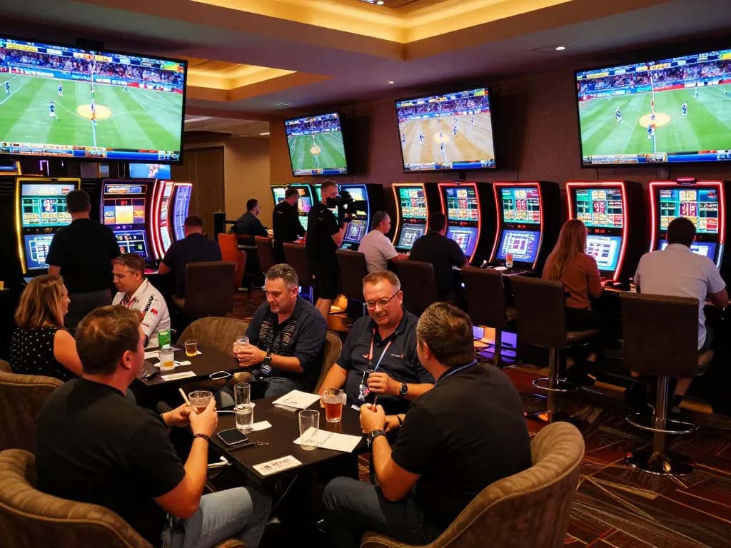 Engaged bettors in the sunwingo sports betting lounge analyzing odds on large screens with lively atmosphere
