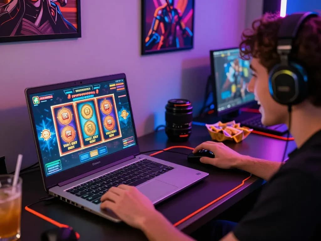 Exciting player engaging with the max99 online slot machine in a vibrant gaming atmosphere.