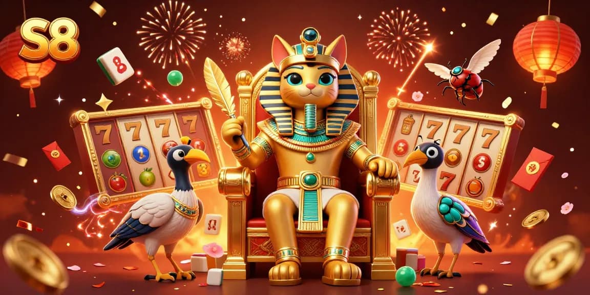 S8 spins slots with Egyptian pharaoh cat, golden throne, and treasures raining in vibrant 3D illustration