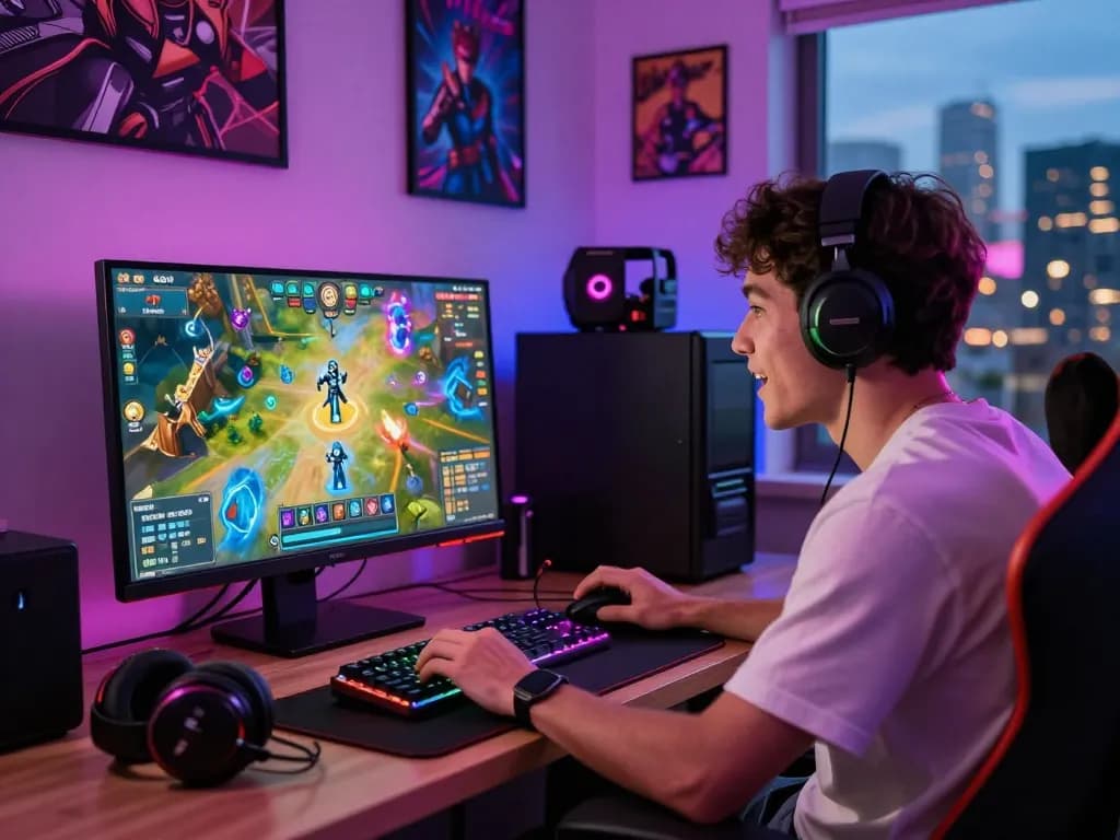 Engaged gamer enjoying rik vip online card games in a vibrant gaming room.