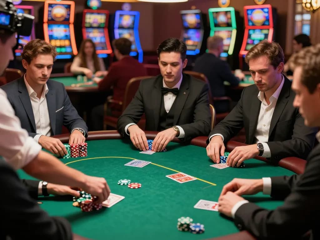 Intense poker game at a bustling casino table featuring river4 strategy as players make compelling bets