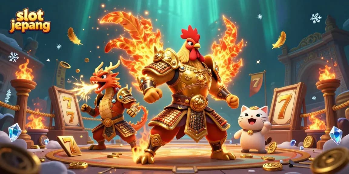 Slot jepang vibrant scene with a rooster warrior, dragon hatchling, and a fortune cat in a dynamic casino setting.