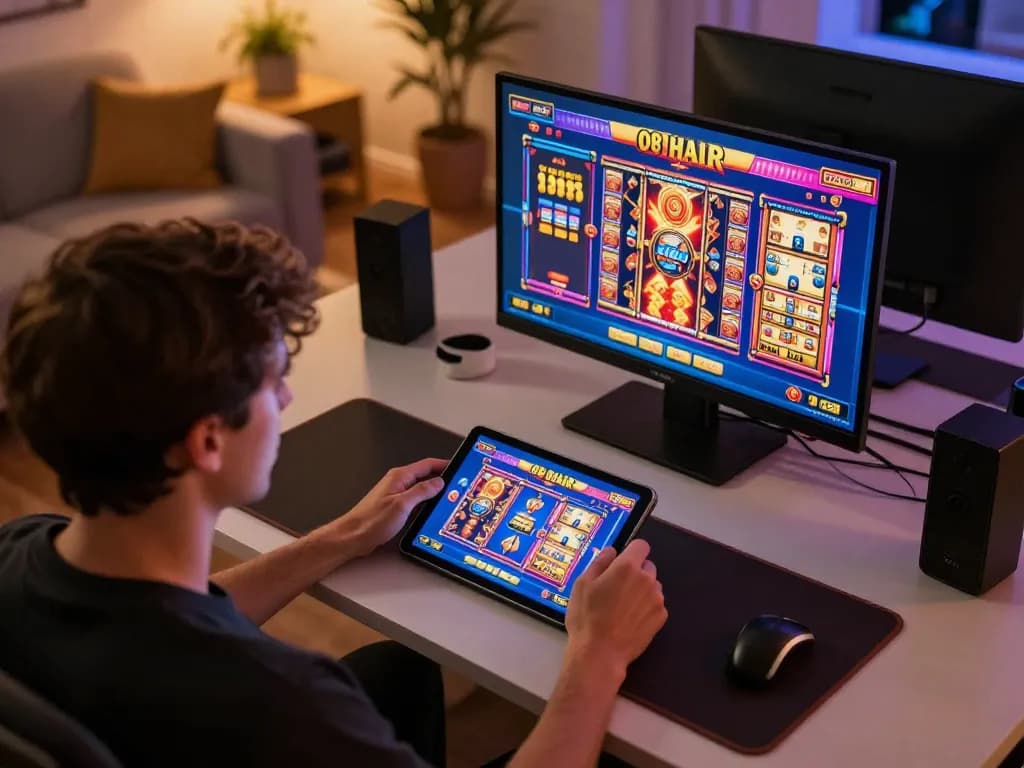 Player enjoying O8 HAIR online gaming session on tablet, focusing on strategic gambling experience.