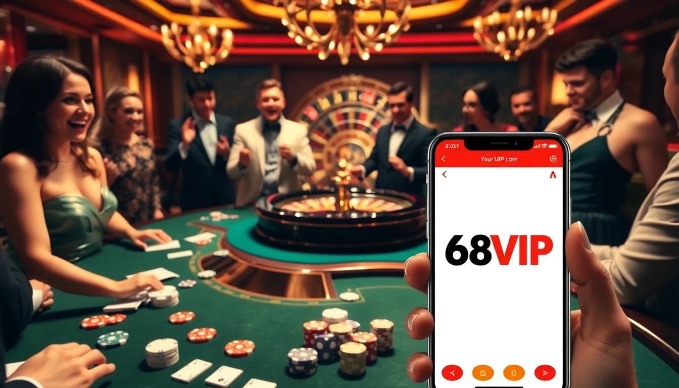 Players engage at a luxurious table while using the 68VIP app for online gambling excitement.