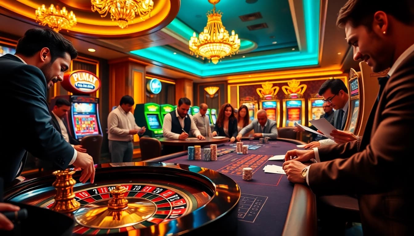 A dynamic casino scene showcasing diverse players engaging in poker and roulette, featuring the exciting atmosphere of 98win vin.