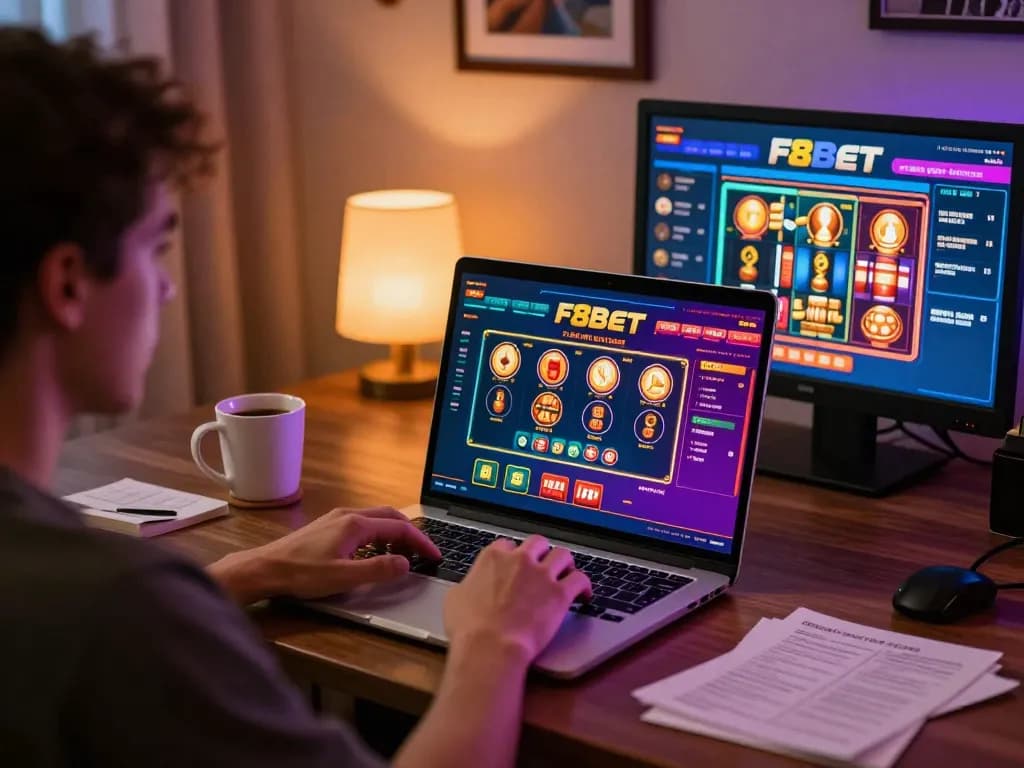 F8bet player enjoying online casino games on a laptop in a cozy setting