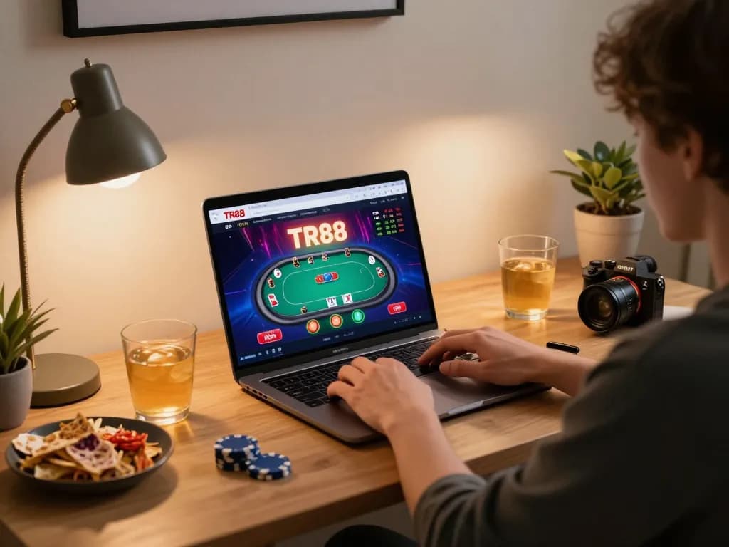 Engaging in online gambling on TR88 pics platform, showcasing vibrant game interface and cozy atmosphere.