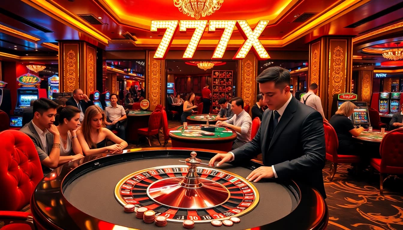 Betting at the luxurious 777X casino gaming table with colorful chips and cards