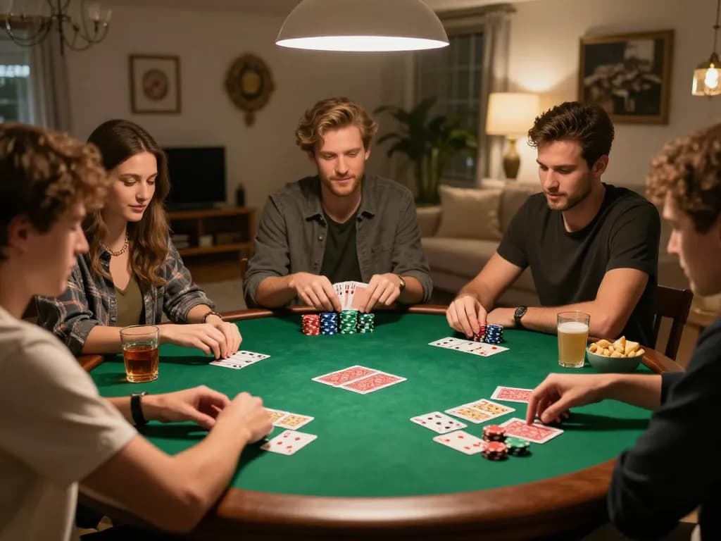 Friends engaging in a poker night at home, showcasing fabet strategy and social gambling atmosphere.