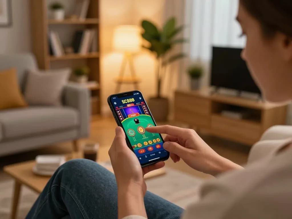 Player engaging with SC888 casino app on smartphone during a cozy home gaming session