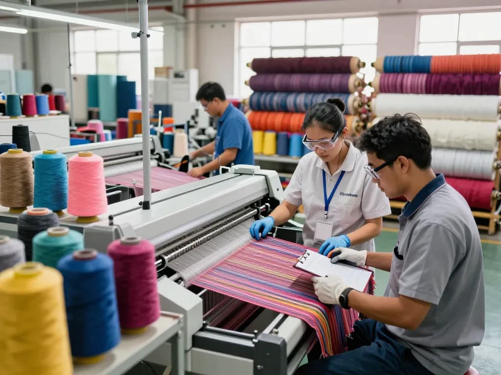 Sunwin workers in modern textile factory operating machines, showcasing quality fabrics production.