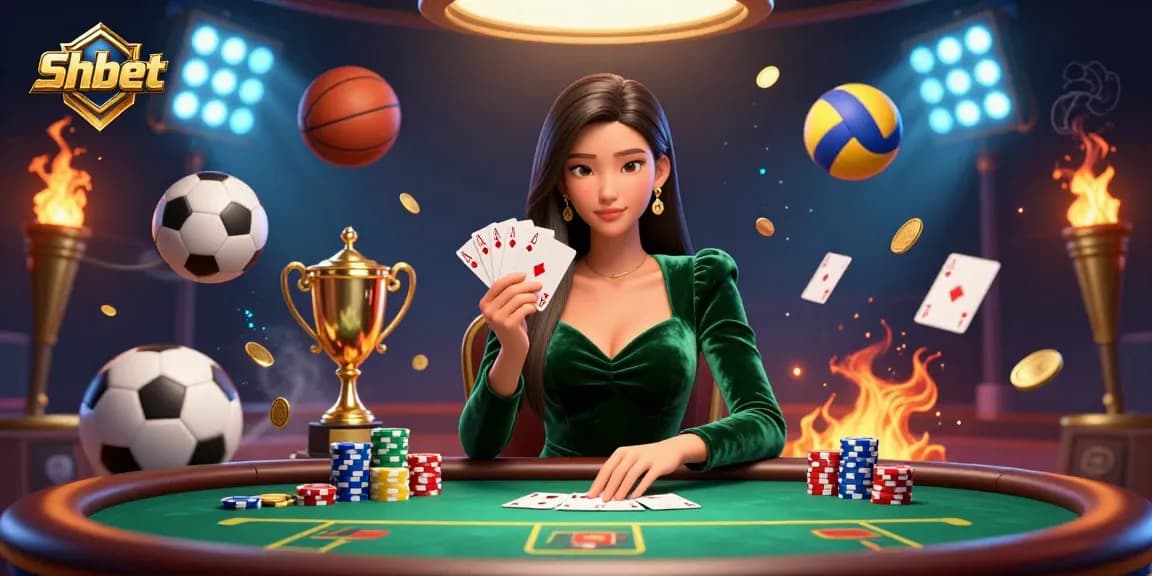Experience thrilling poker moments at Shbet with a captivating 3D illustration featuring dynamic game elements and a focused player.