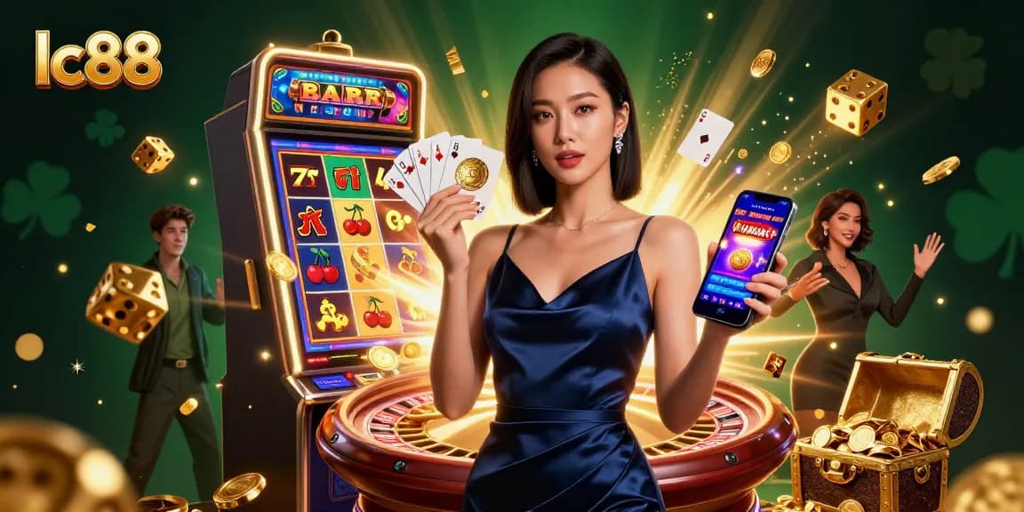 Play thrilling games at lc88, showcasing a stunning woman enjoying a jackpot explosion at an online casino.