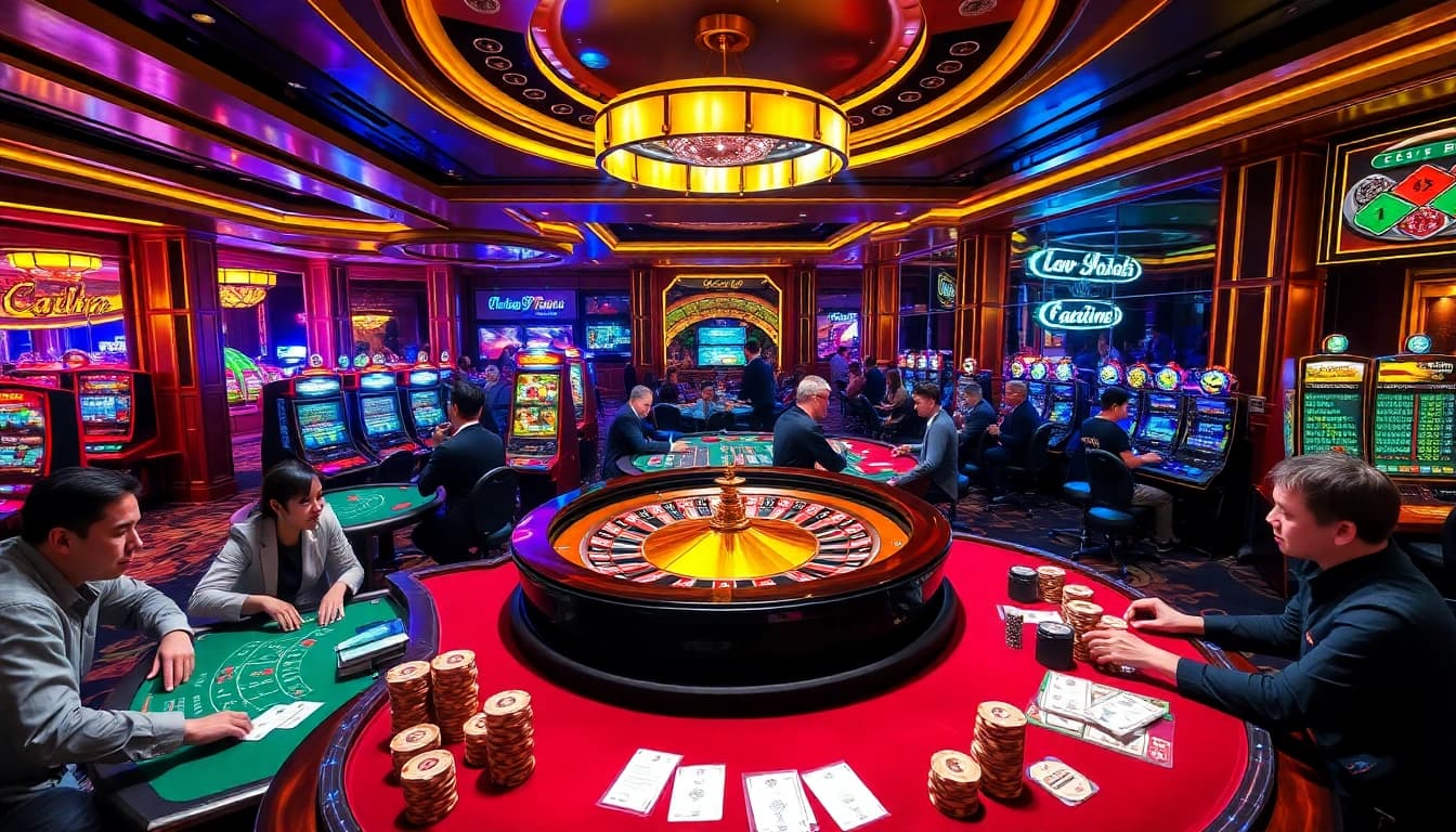 Experience thrilling gaming excitement at rr88.com with players enjoying poker and slots in a vibrant casino atmosphere.