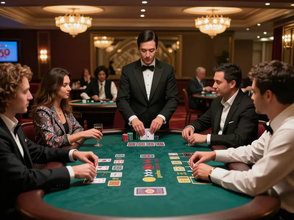 Players concentrate on their blackjack hands at https://9bet.works/ casino table under warm chandelier lighting.