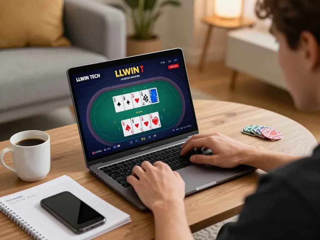 Player using LLWIN TECH for online poker with a cozy home environment and strategic notes.