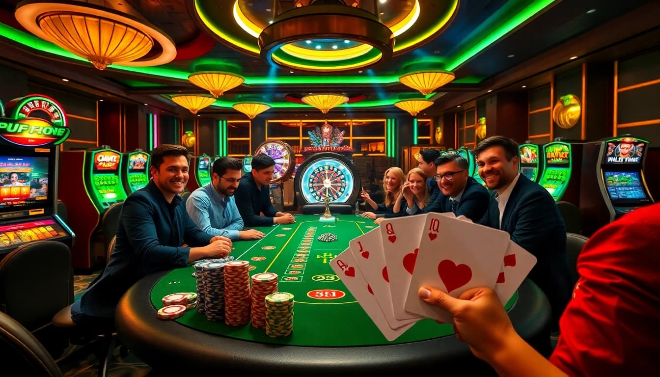 A thrilling scene of players enjoying poker and slot machines at b52 casino, showcasing excitement and winning strategies.