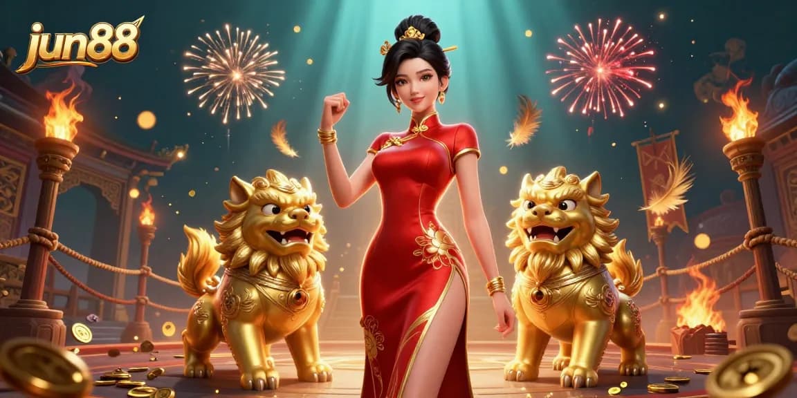 Experience thrilling gaming at jun88 with a glamorous Asian character in a lively casino environment.