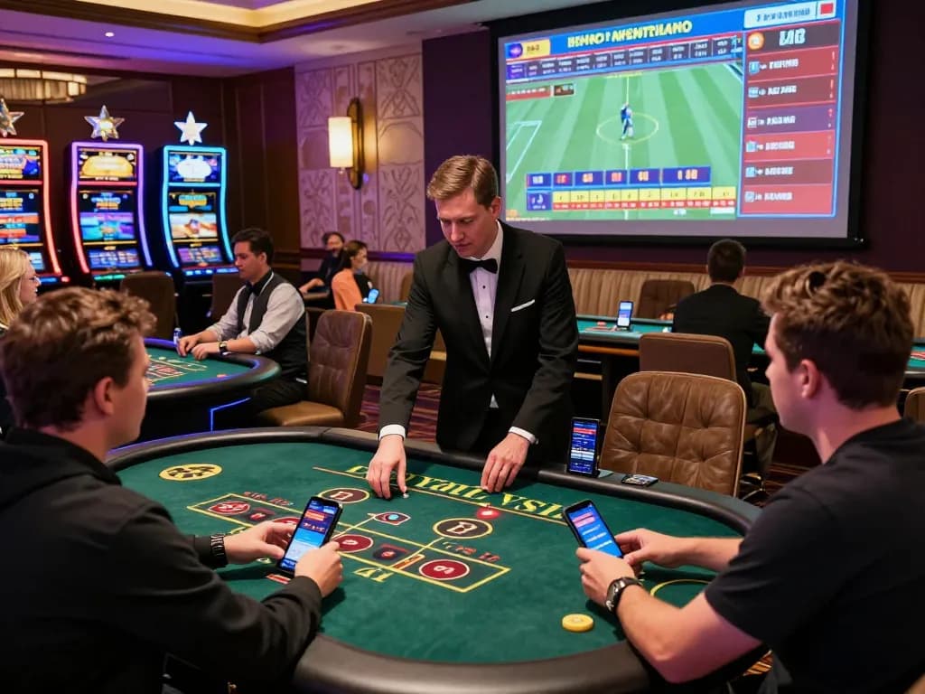 BL555 casino gaming environment featuring players at tables amidst vibrant lights and live betting offers.