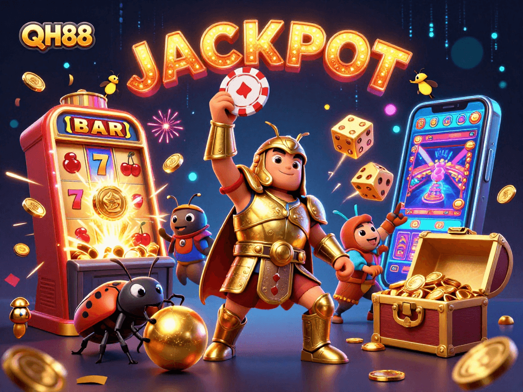 Engage with QH88 as a winning beetle champion lifts a poker chip amidst a rich casino scene.