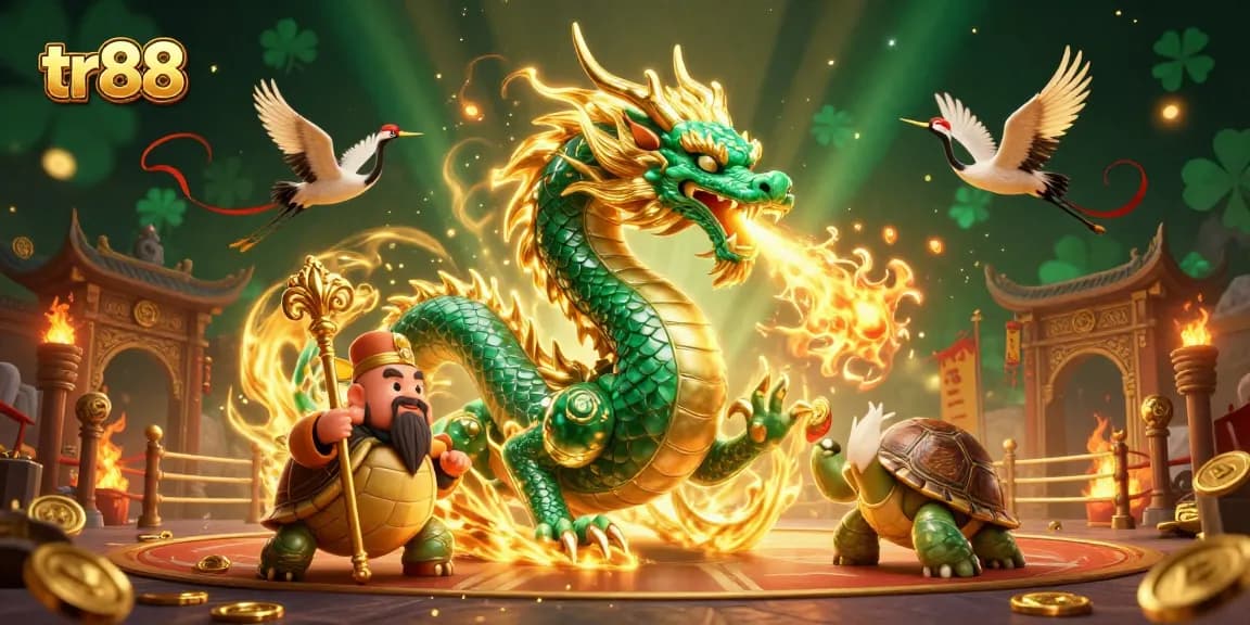 Experience thrilling action at TR88 with a jade dragon and lucky symbols in a vibrant casino scene.
