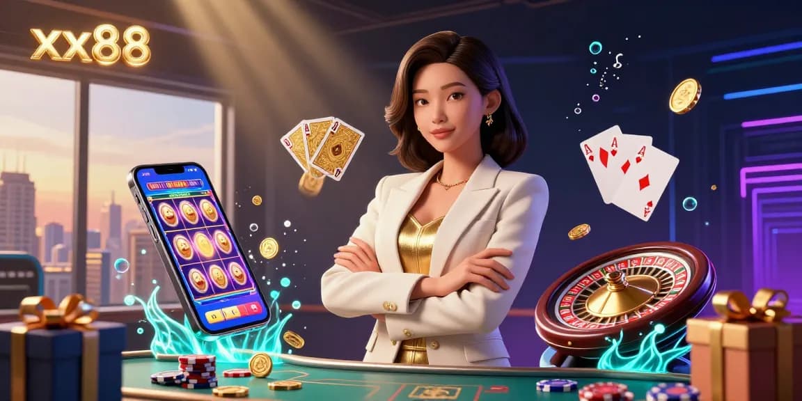 Engage with xx88's vibrant casino scene featuring an elegant woman holding cards amidst dynamic gambling elements.