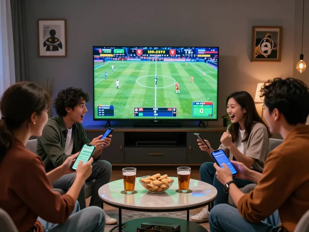Taisunwin users passionately place bets on mobile devices while watching a live sports game.