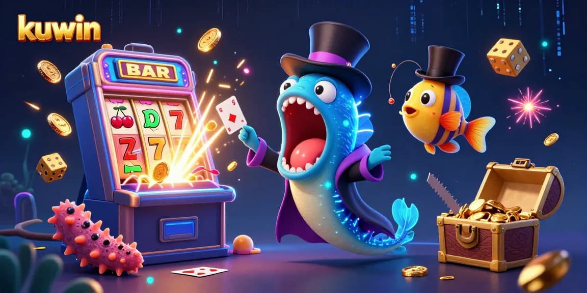 kuwin's thrilling slot scene with card tricks and colorful casino elements