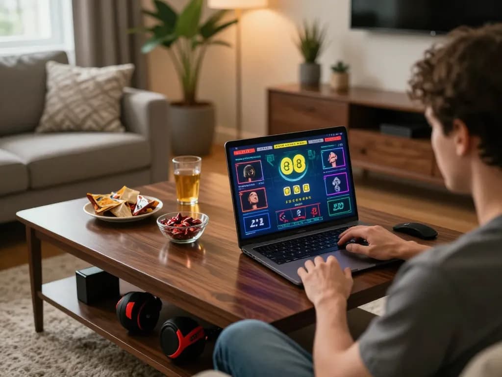 Engaging in live betting on ee88 from a stylish home setup, showcasing modern lifestyle