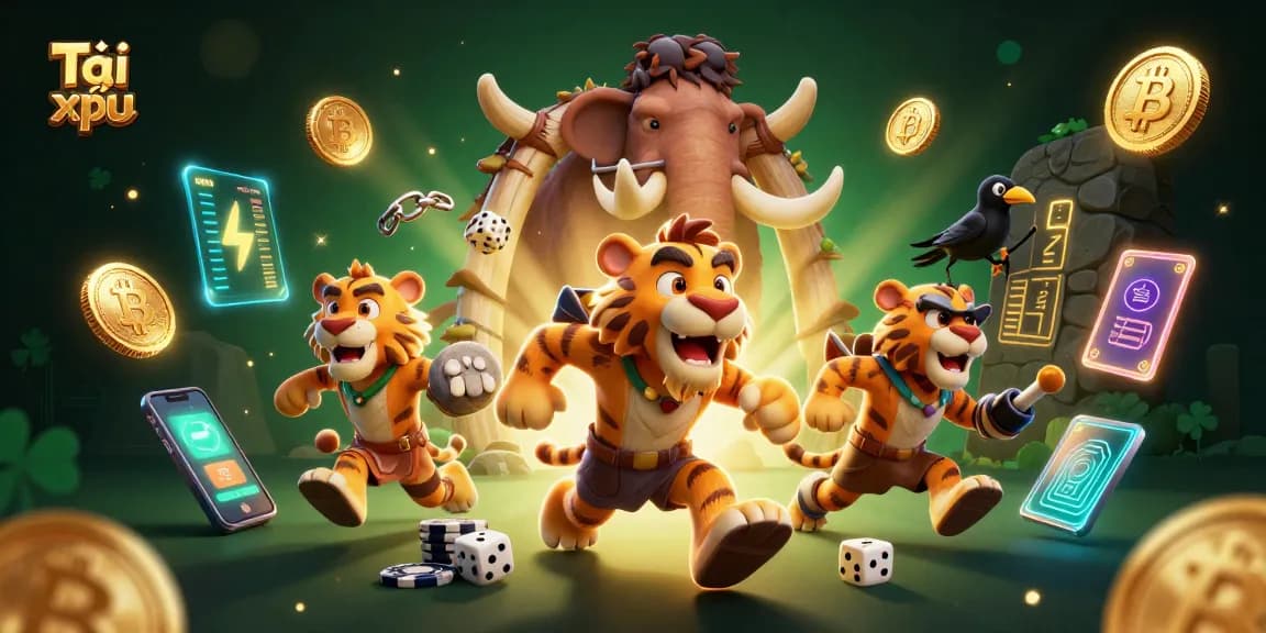Play Tài xỉu in this vibrant casino scene filled with action and crypto elements.