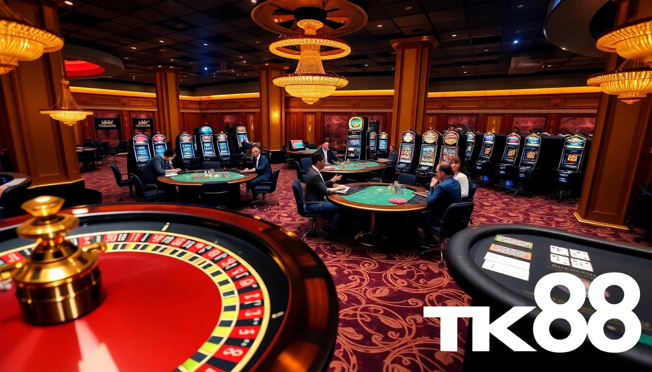 Exciting gameplay at TK88 casino with roulette wheel, poker tables, and vibrant slot machines.