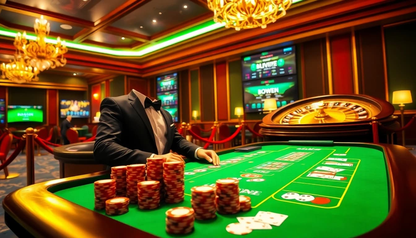Experience the thrill of 68win with an elegant casino scene featuring high-stakes games.