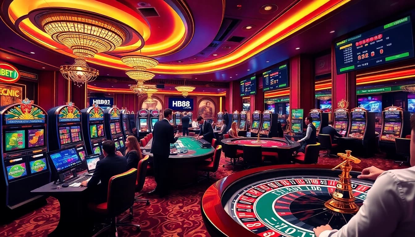 Experience the thrill of gaming at https://hb88.camp/ with vibrant casino scenes of players enjoying poker and roulette.