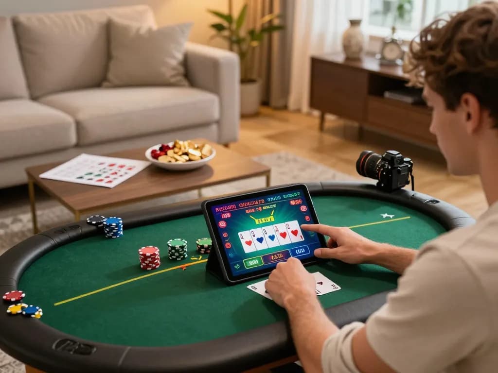 Player enjoying an online poker game using Website Dabet on a tablet in a cozy home setting.