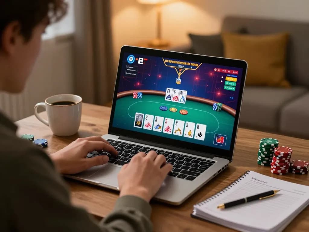 Engaged user playing online poker on https://s666hn.com/ at home with laptop and strategy notes.