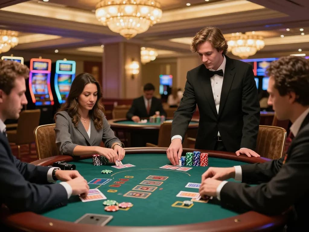 Các người chơi đặt cược một cách chiến lược tại bàn blackjack LUCK8 trong một không gian casino sang trọng