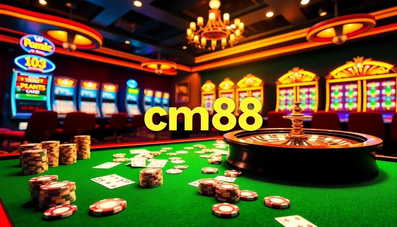 Experience the thrill of cm88 with vibrant casino elements like poker chips and roulette wheels.