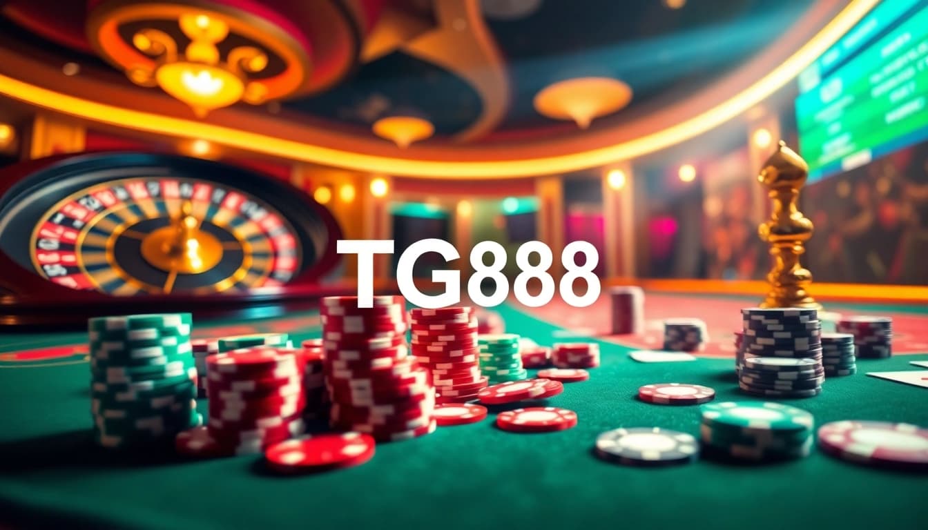 Experience the thrill of winning at TG88 casino with vibrant poker chips and a spinning roulette wheel.