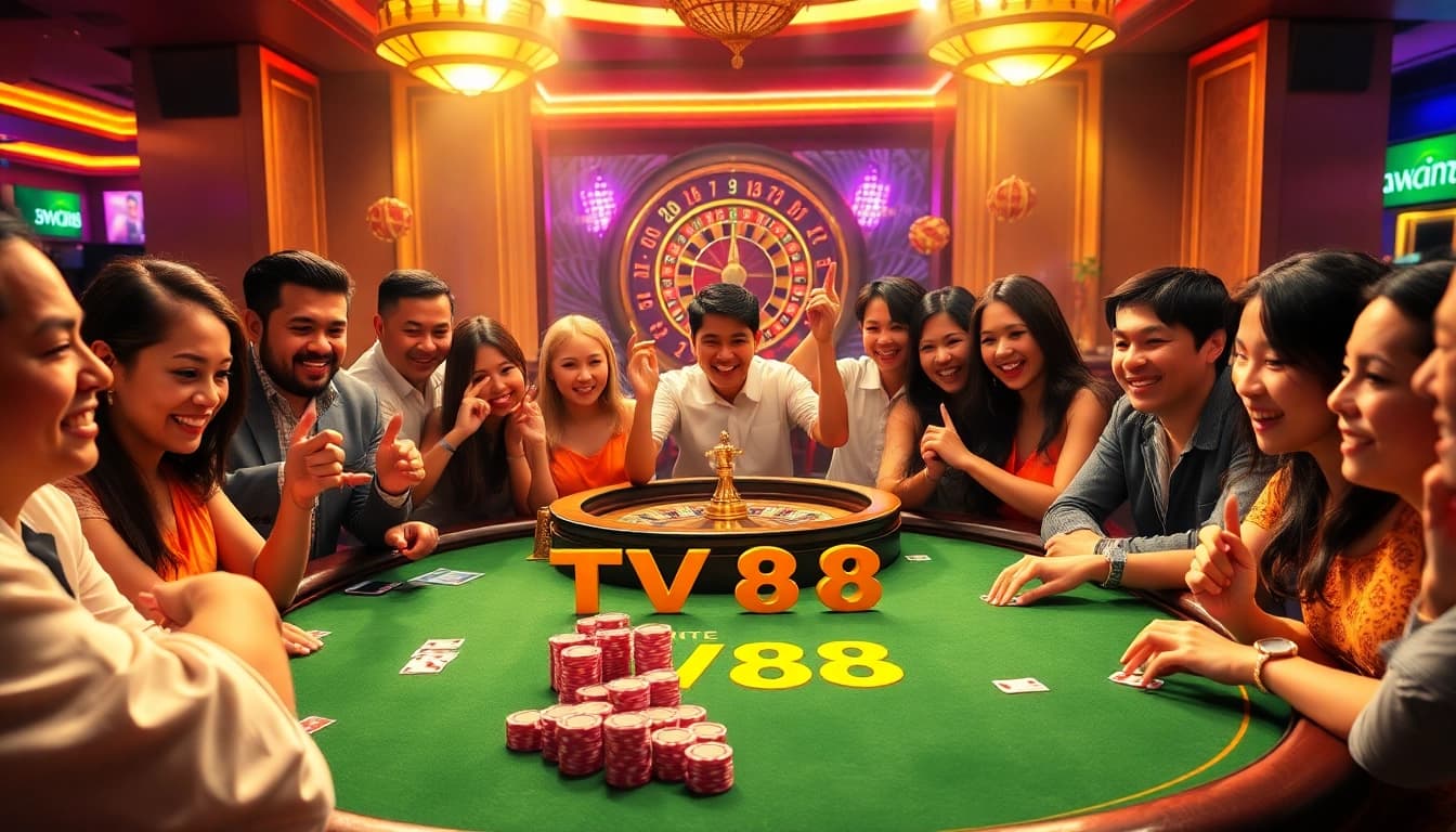 Players enjoying an exciting gaming experience at a luxurious TV88 casino table with poker chips and cards.