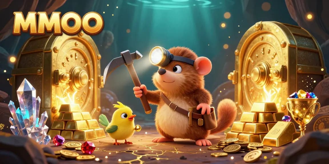 Experience thrilling wins at MMOO with a vibrant 3D illustration of a treasure hunter and gems.