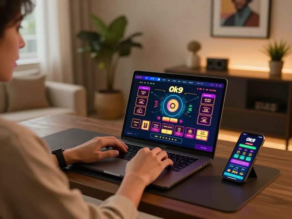 Engaging gameplay on Ok9 blackjack interface at a stylish home gaming setup