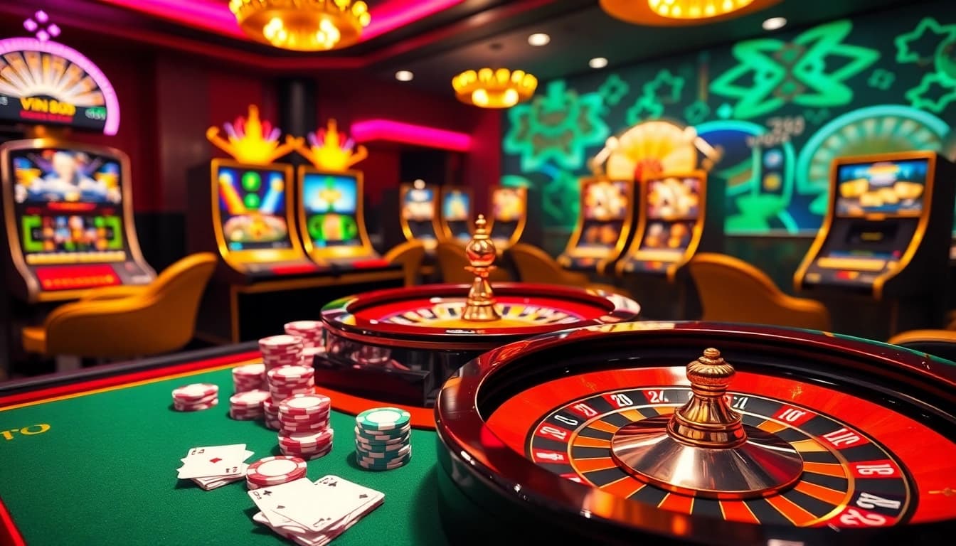 Experience the thrill of vin88 com with vibrant casino tables and luxurious gambling elements.