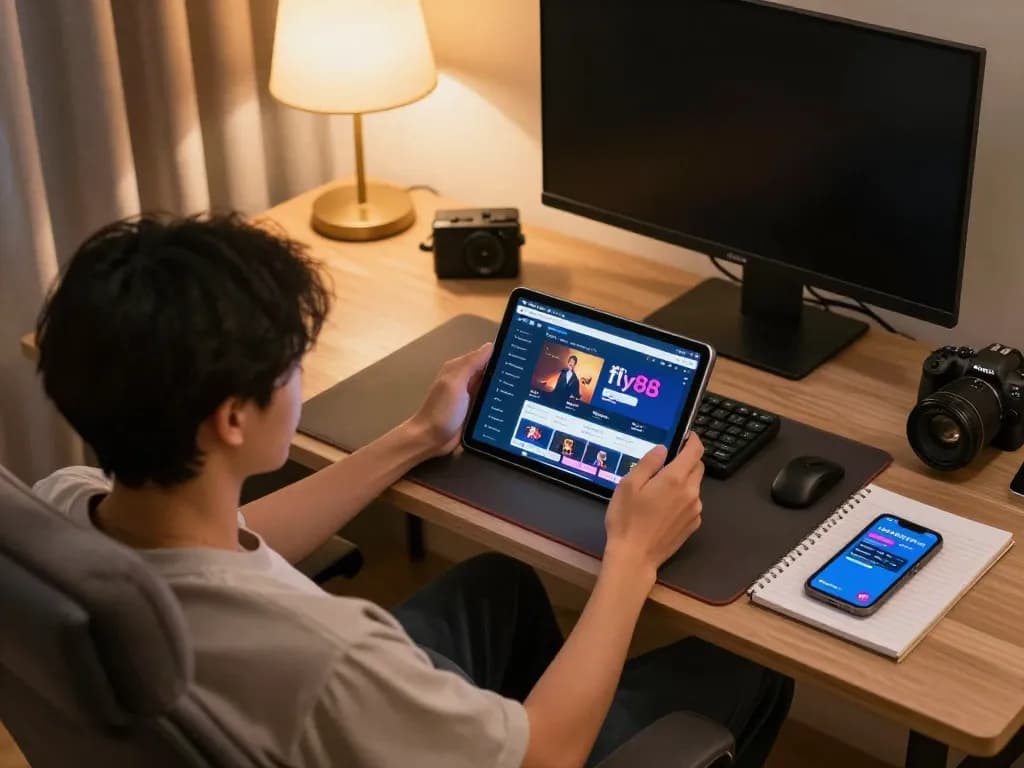 Engaging with nhà cái fly88 on a tablet, showcasing an immersive online gambling experience in a cozy home.
